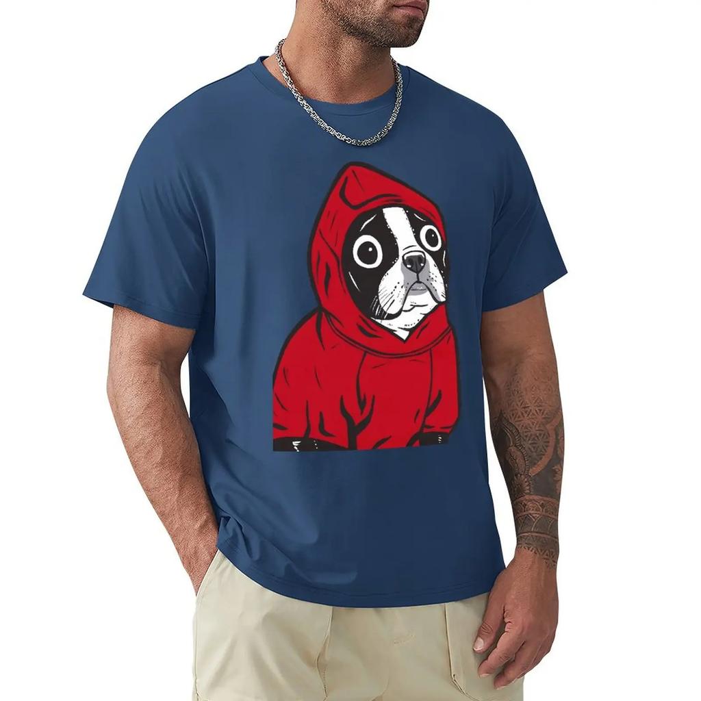 Funny Boston Terrier In A Red Hoodie French Bulldog T-Shirt Men O Neck Pure Cotton T Shirts Funny Dogs Tees Clothing