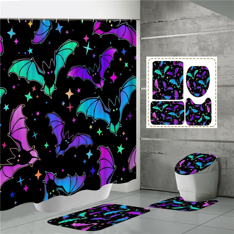 HOT Halloween Ghost Pumpkin Skull Shower Curtain Set with Non-Slip Rugs Toilet Lid Cover and Bath Mat Washable Trick or Treat