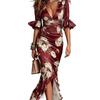 European and American New Women's V-neck Sexy Holiday Style Temperament Slim Print Design Dress Women's Clothing