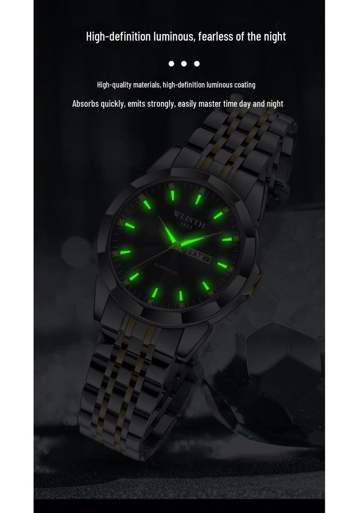 Trendy Waterproof Luminous Quartz Couple Watches for Men & Women – Solid Steel, Calendar Feature