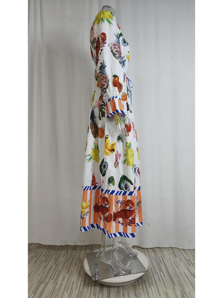 2025 European & American Women's Lantern Sleeve Print Turn-Down Collar Waist-Gathering Long Swing Spring Dress