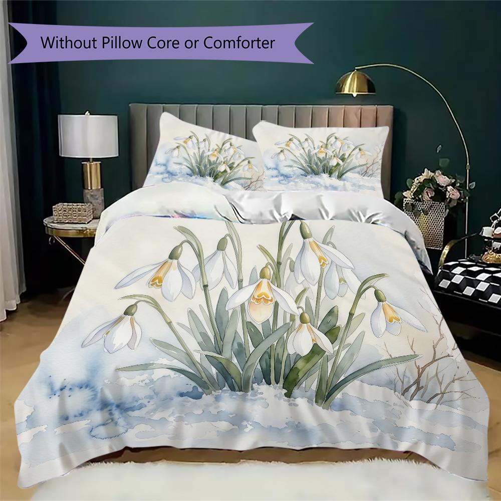White Snowdrop Floral Pattern Bedding uilt Set uilt Cover Pillowcase Home Decoration Birthday Gift (1 * duvet cover + 2 * pillowcase without core)