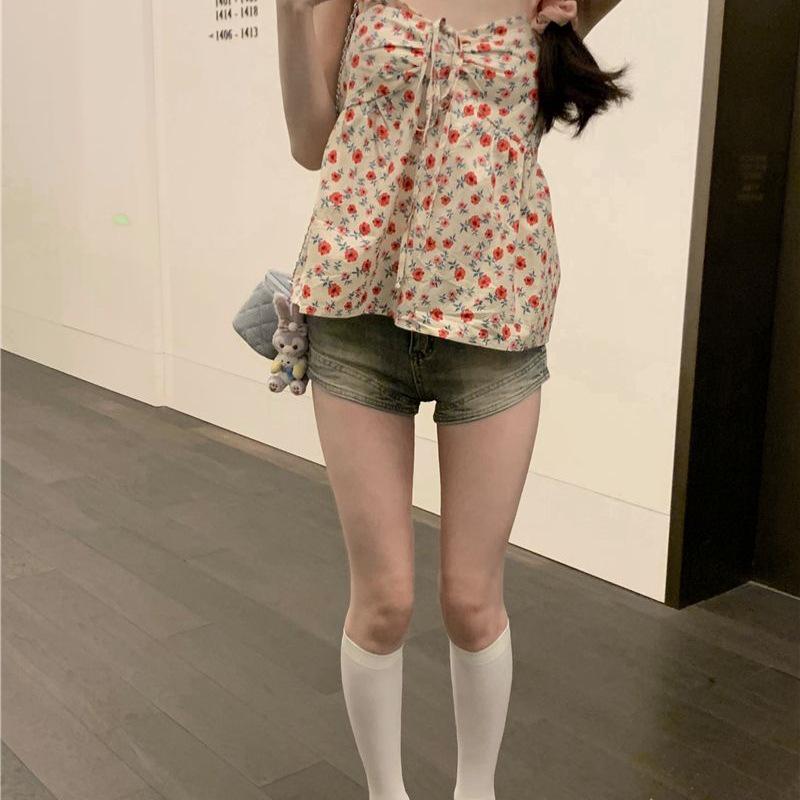 Women's Floral Strappy Cami Top, Summer Short & Loose Sweet Style, French-Inspired Spicy Fashion