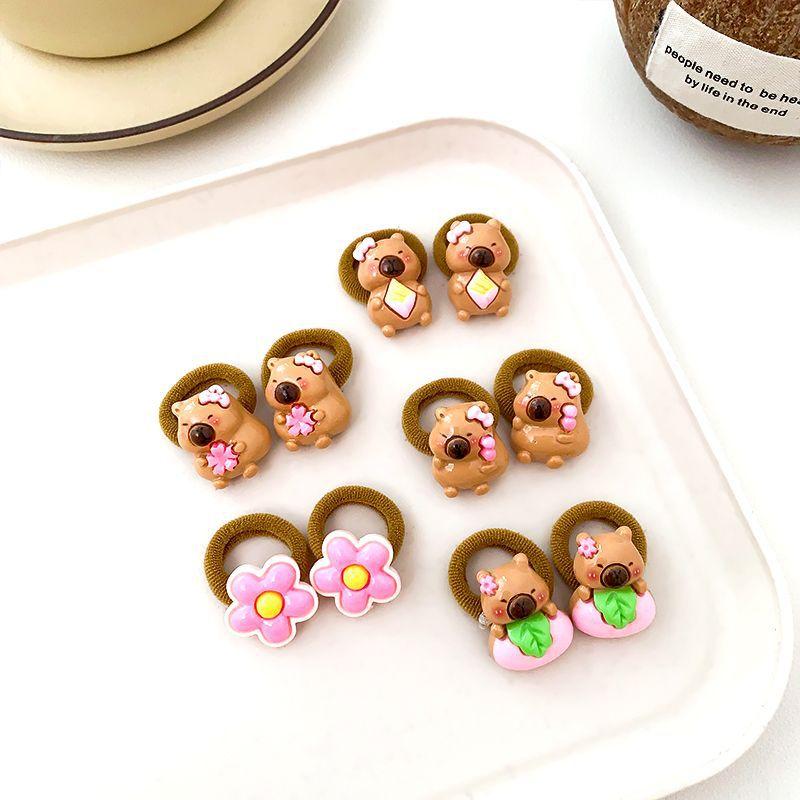 10Pcs Cute Capybara Hair Rope High Elasticity Twist Leather Band Cartoon Capybara Hanging Beads Headband Hair Accessories