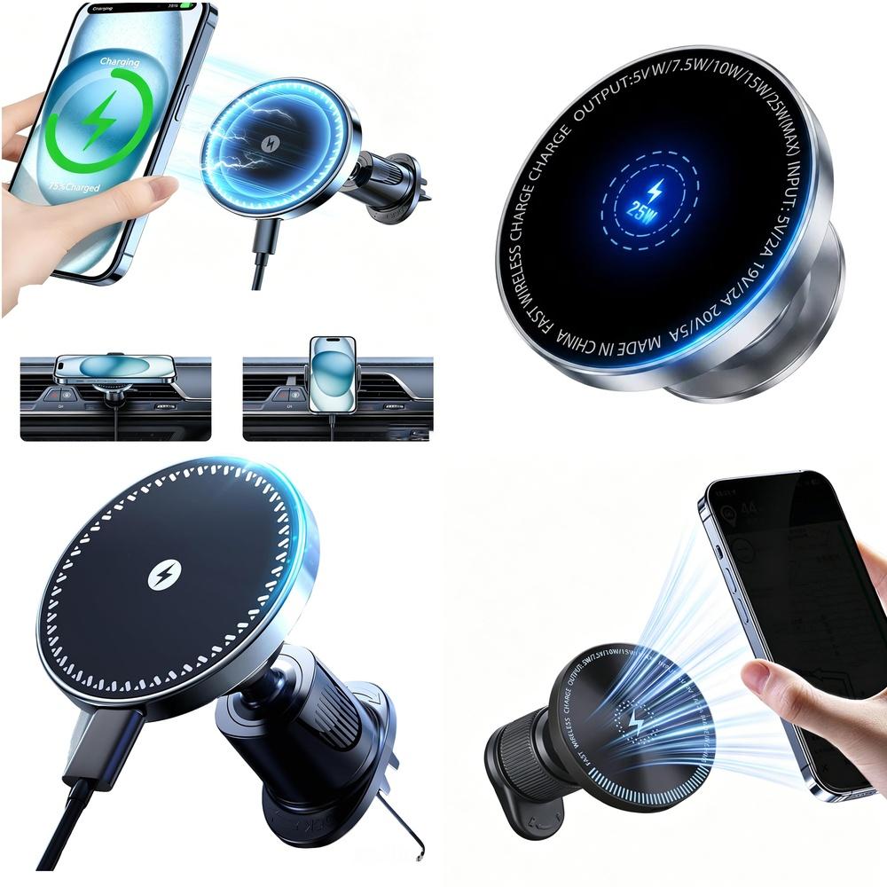 Efficient 25W 15W Fast Magnetic Charger Wireless Mount Phone Holder on Car Air Vent for Safe Driving View Rough Road Trips
