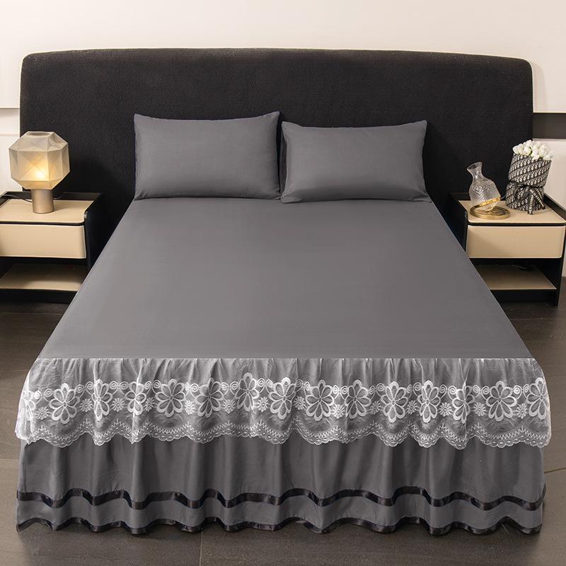 Brushed Double-Layer Solid Color Elastic Lace Ruffle Bed Skirt Full-Size Mattress Cover