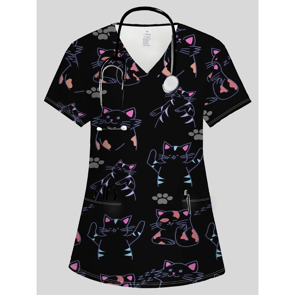 Surgical Uniforms Woman Elegant Fashion Womens Print V-Neck Short Sleeve Nursing Summer Comfortable Vet Clinical Uniforms Woman