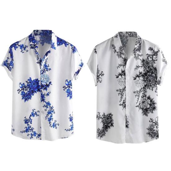 Men Shirt Ink Painting Single-breasted Summer Hawaiian Turndown Collar Top for Party