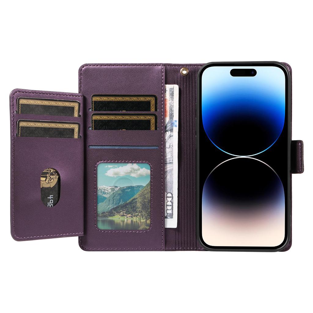 For iPhone 14 Pro Case with Multi-Card Holder and Strap PU Leather Phone Cover Stand