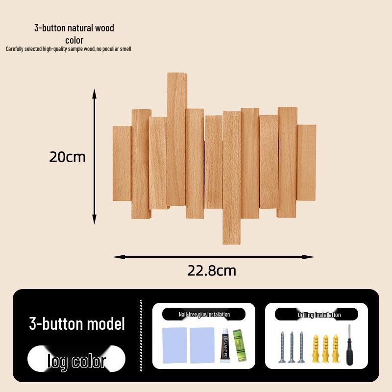 No-Drill Solid Wood Wall-Mounted Coat Rack with Piano Key Hooks for Entryway