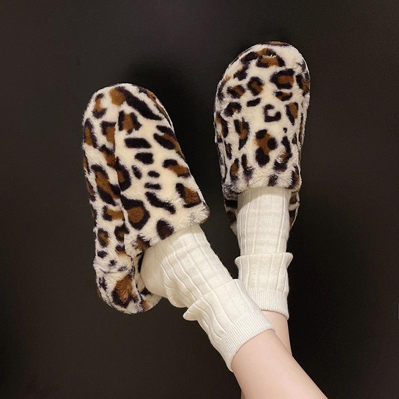Leopard print thick bottom heightening fluffy slippers women wear new autumn and winter fashion home fluffy cotton slippers