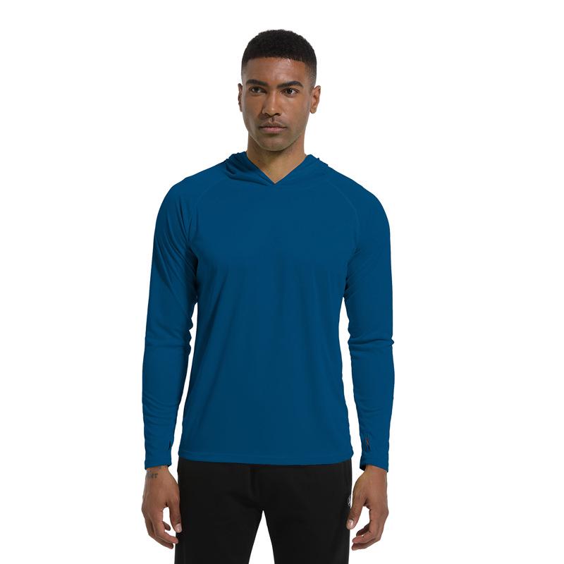 Men's UV Protection Hooded Slim Fit Sun Shirt, UPF50+, for Summer Outdoor Activities Like Beach, Hiking, Climbing, and Fishing.