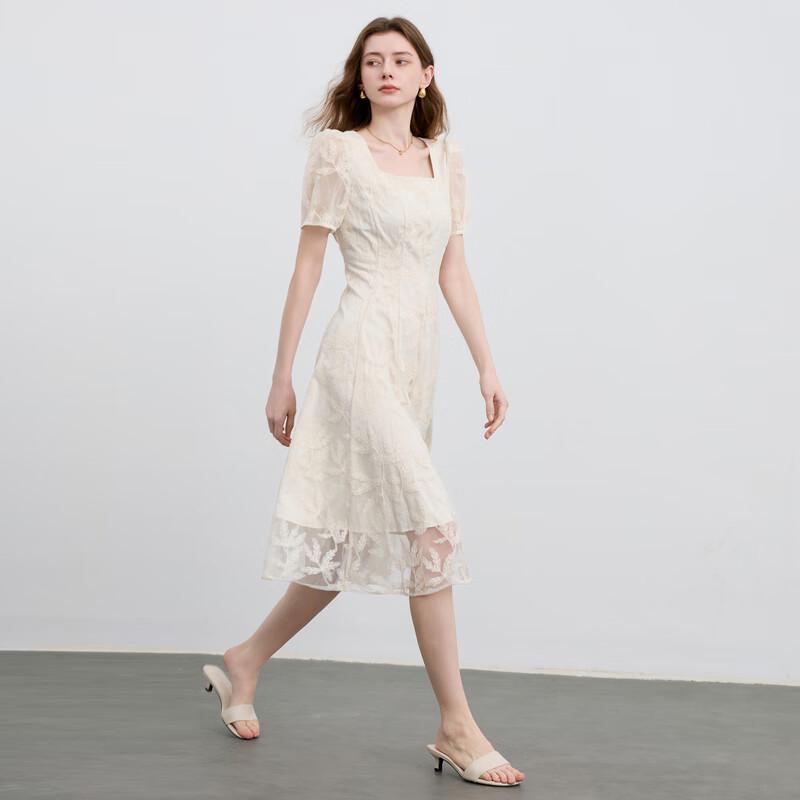Sancai 2025 Summer Women's Embroidered Mesh Square Neck High Waist Midi Dress