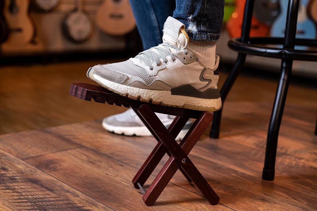ORTEGA OWFS-1WR Guitar Footrest, Wooden Birch, 5-Level Adjustable, with Guitar Head Design, Wine Red