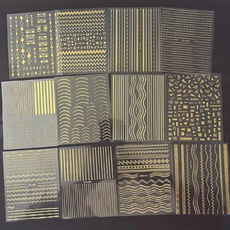 12 Sheets Wavy Line Nail Stickers French Line Nails Art Stickers 3D Gold Metallic Line Nail Decals Nails Art Decoration