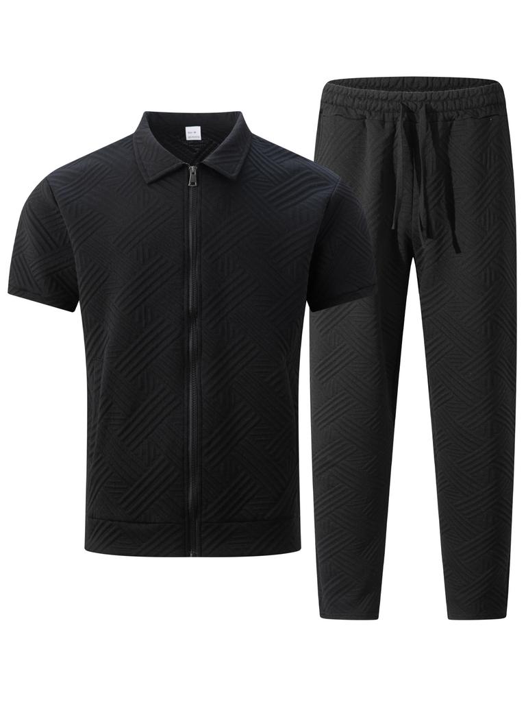 Men's Geometric Print Short Sleeve Jacket and Pants Set with White T-Shirt, Casual Streetwear Outfit
