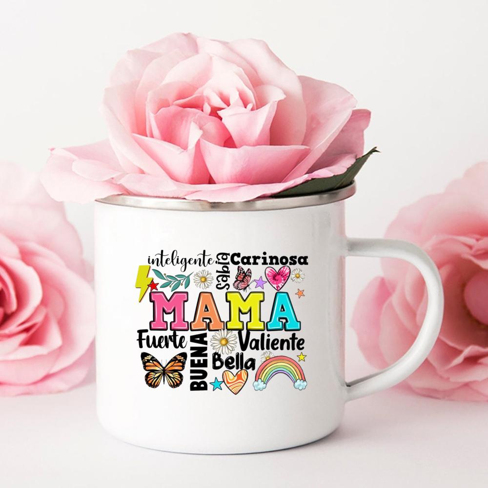 Intelligent Loving Brave Mother Spanish Print Enamel Coffee Mug Drinks Milk Cup Camping Mugs Birthday Mother's Day Gift for Mom