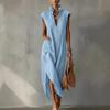 Summer European Style Women Clothing Maxi Dress Cotton Sleeveless Solid Color Loose Fit V-Neck Casual