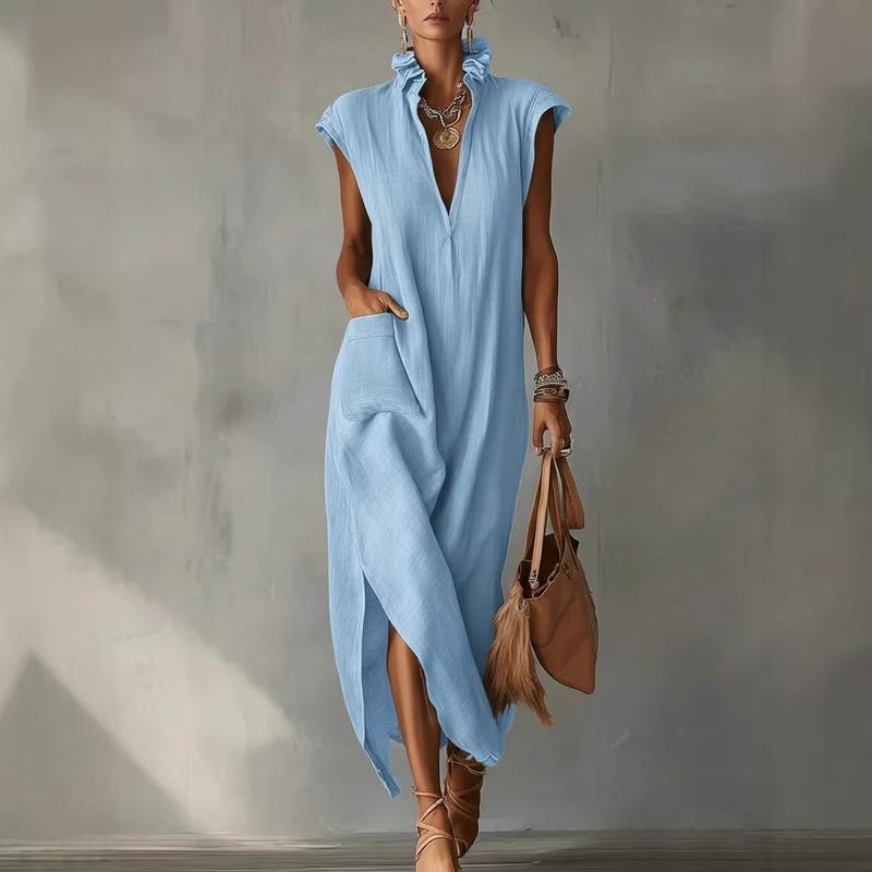 Abbigliamento Donna Estate Stile Europeo Abito Lungo Cotone Senza Maniche Monocolore Vestibilità Larga Scollo a V Casual