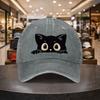 Black Cat Peeking Baseball Cap Cute Animal Print Adjustable Washed Denim Hat Casual
