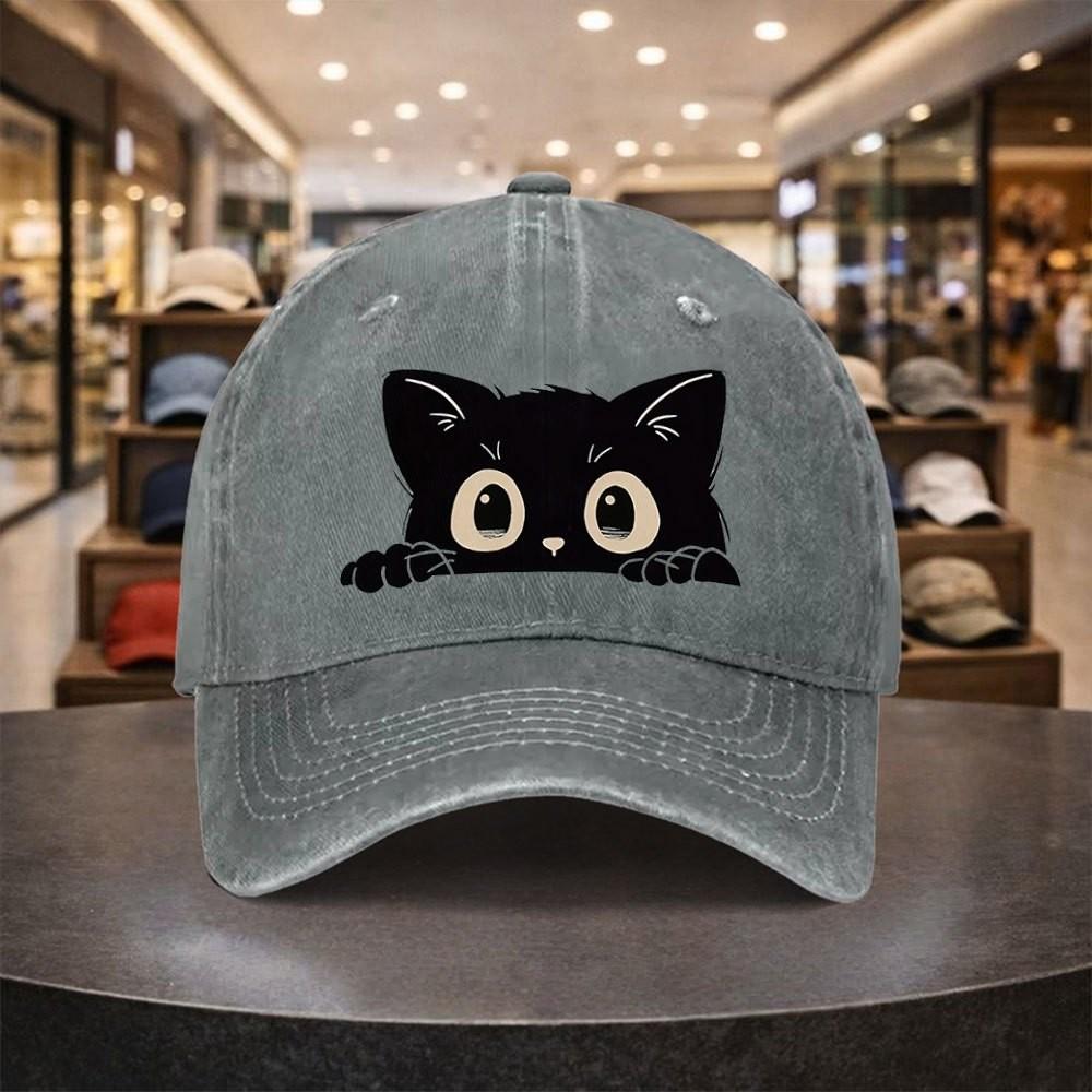 Black Cat Peeking Baseball Cap Cute Animal Print Adjustable Washed Denim Hat Casual