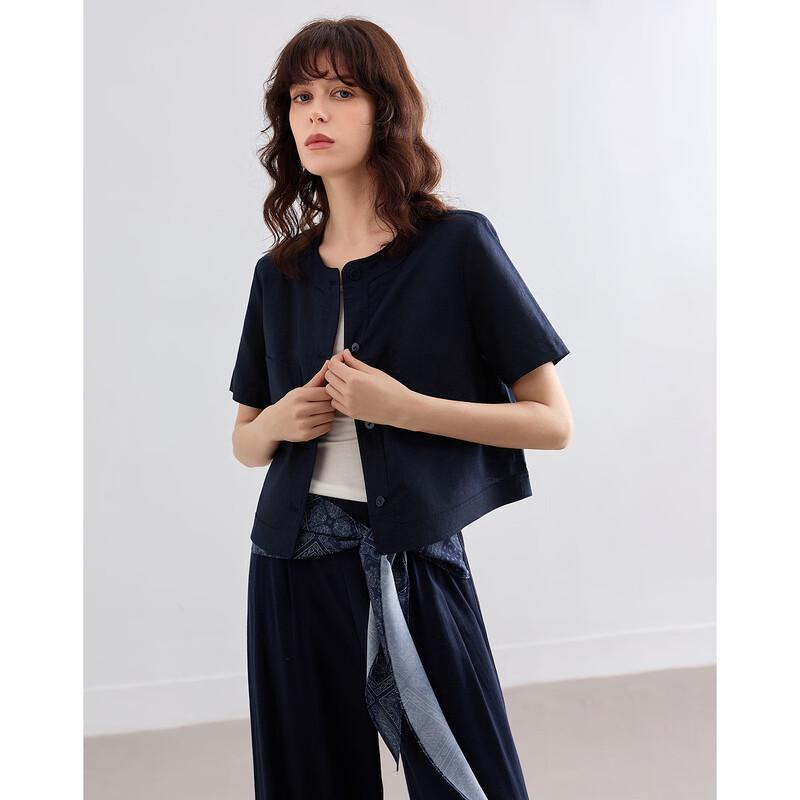 Demana Linen Blend Retro Cropped Short Sleeve Top L