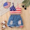 Patriotic Flag Camisole & Ripped Denim Shorts Set for Girls - Summer Independence Day Outfit