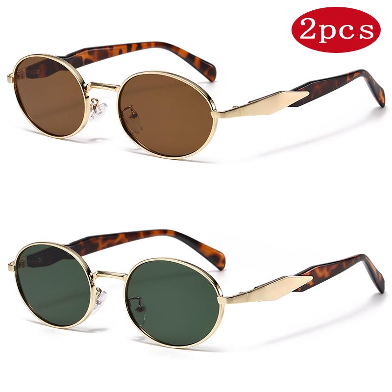 2pcs New Women Oval Sunglasses Casual Metal Sun Glasses Fashion Outdoor Retro Trend Street Eyewear High End Eyeglasses Uv400