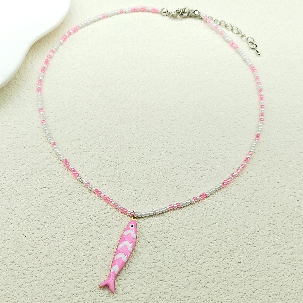 Colorful Fish Pendant Necklace For Women Girl Handmade Woven Beads Dopamine Color Sea Party Summer Fashion Chain Choker Jewelry