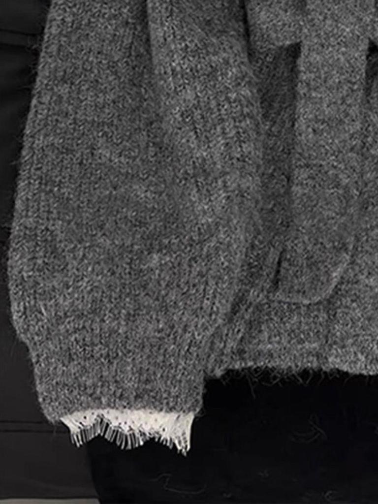 Women's Grey French Lace Patchwork Pullover: Stylish Two-Piece Look, Soft Collar, Perfect for Autumn/Winter