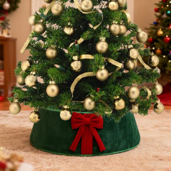 Christmas Tree Skirt Soft Faux Suede Bow Design Foldable Reusable Base Cover Festive Christmas Decoration