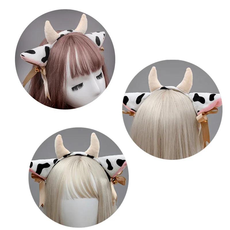 Bandeau Oreilles et Cornes de Vache en Peluche de Dessin Animé avec Petites Clochettes Nœud en Ruban Anime Lolita Cerceau pour Cheveux Kawaii Animal Fête Costume Cosplay Fille