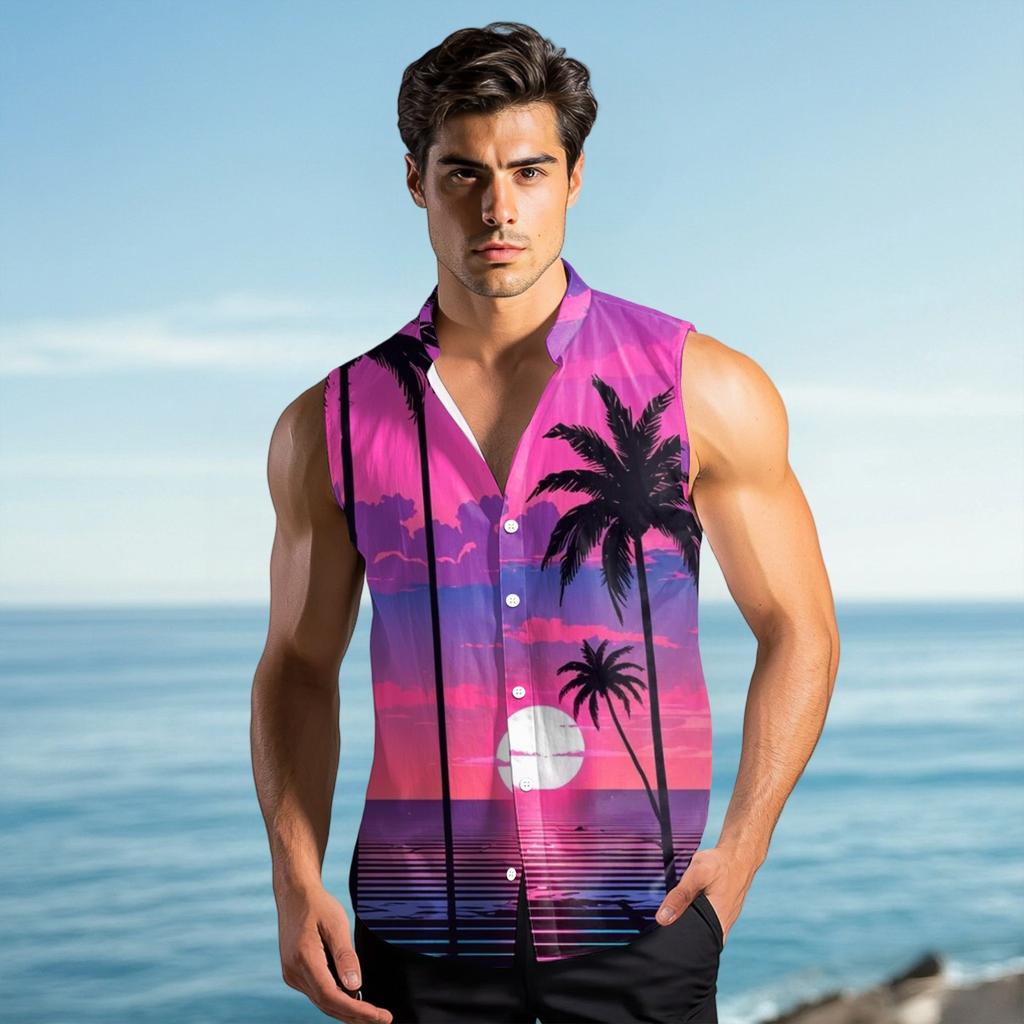 Men's Fashion Printed Sleeveless Lapel Button-Down Shirt Vest Top
