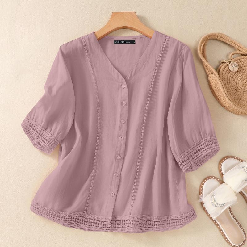 

ZANZEA Женские летние рубашки с V-образным вырезом и короткими рукавами из кружева S розовый