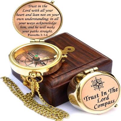 Trust In The Lord with All Your Heart Proverbs Quote Engraved Compass with Wooden Box, Graduation Day Gifts  Compass for Women Men Boy