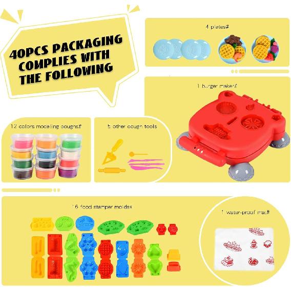 Color Dough Set Kitchen Creations Waffle Pizza Burger Maker Pretend Chef Toy Play Food Modeling Tools Kit with 12 Colors Wheat Doughs for Kids Girls