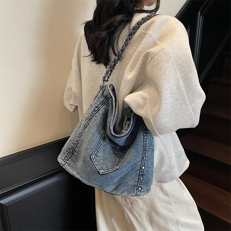 Vintage Denim Tote Bag Große Kapazität Schultertasche Damen Kette Umhängetasche