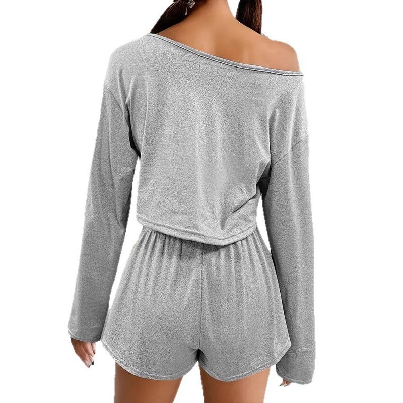 Women S Gray Long Sleeve Crop Top And Shorts Two Piece Set