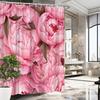 1Pc Pink Peonies Shower Curtain - Full Blooming Flowers & Dark Green Leaves, Polyester, 70.8X70.8", 12 Hooks, Elegant Decor