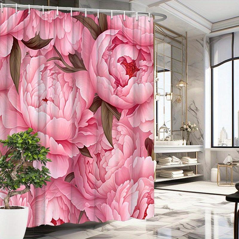 

1Pc Pink Peonies Shower Curtain - Full Blooming Flowers & Dark Green Leaves, Polyester, 70.8X70.8 , 12 Hooks, Elegant Decor W60H190(CM)-1 Pcs