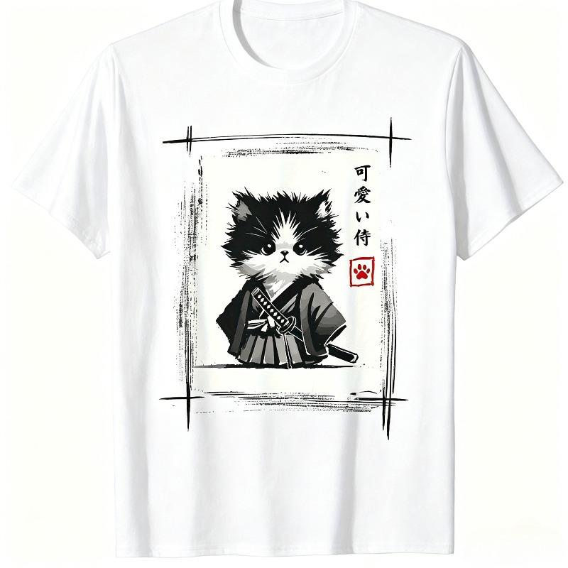 Kawaii Samurai Cat Japanese Ink Art Print T Shirt Cute Kitty Katana Kanji Harajuku Streetwear Unisex Graphic Short Sleeve Tee