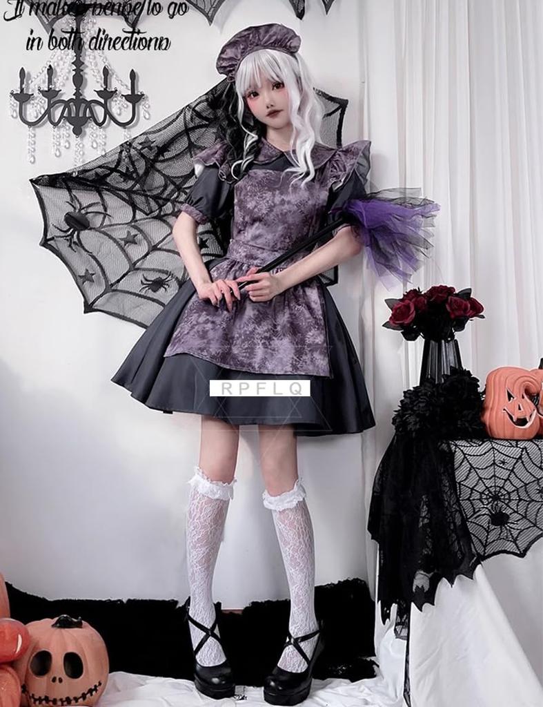 Ensemble d'Halloween Maid Effrayant Horreur [RPFLQ] Costume, Costume, Gris, Costume Femme, Tablier, Bandeau, Mignon, Fête, Événement, Adulte, Femme, Robe, 3 Pièces