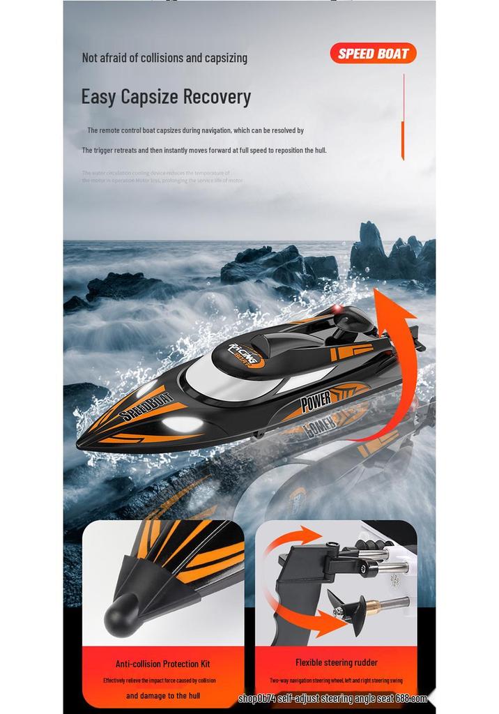 Hongxunjie HJ810B High-Speed Remote Control Speedboat with Anti-Flip, 35KM/h Speed, LED Lights, Large Size, and Long Battery Life.