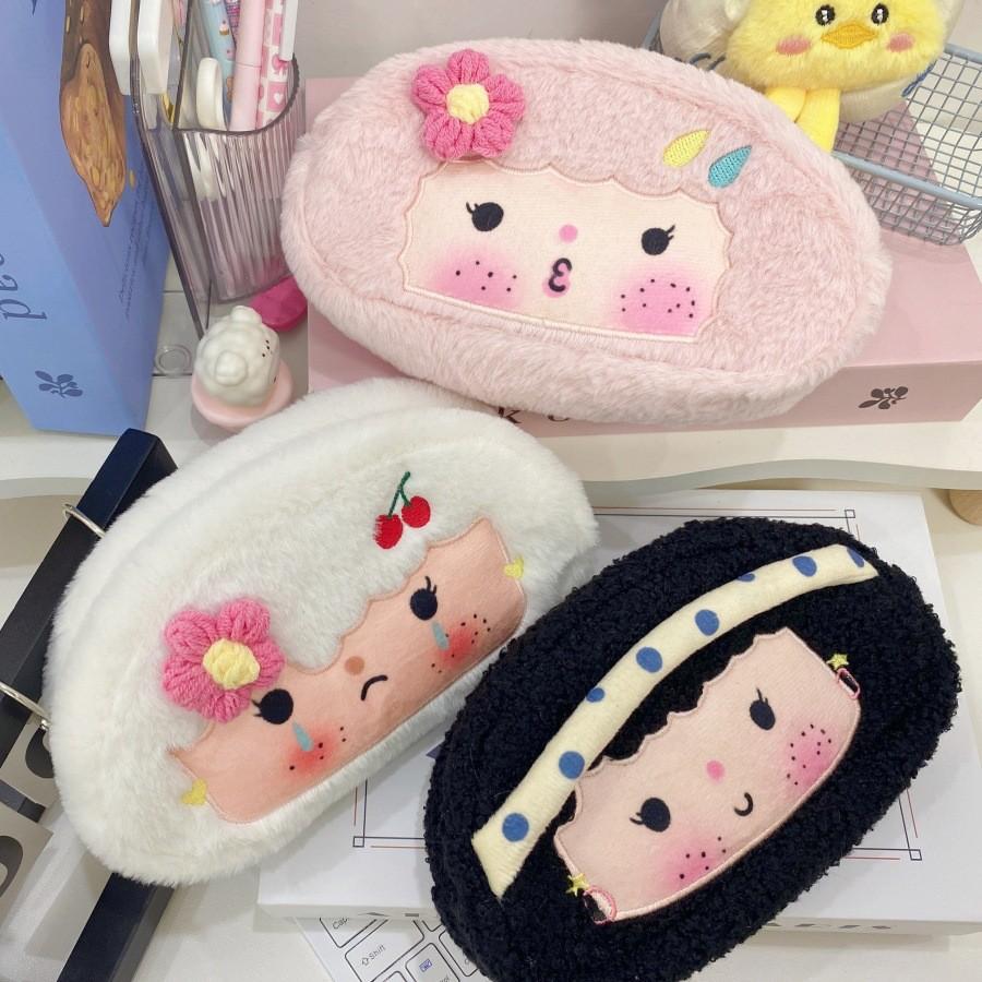 Cartoon Plush Pencil Case Large Capacity Student Pen Bag Girls Cute Soft Stationery Storage