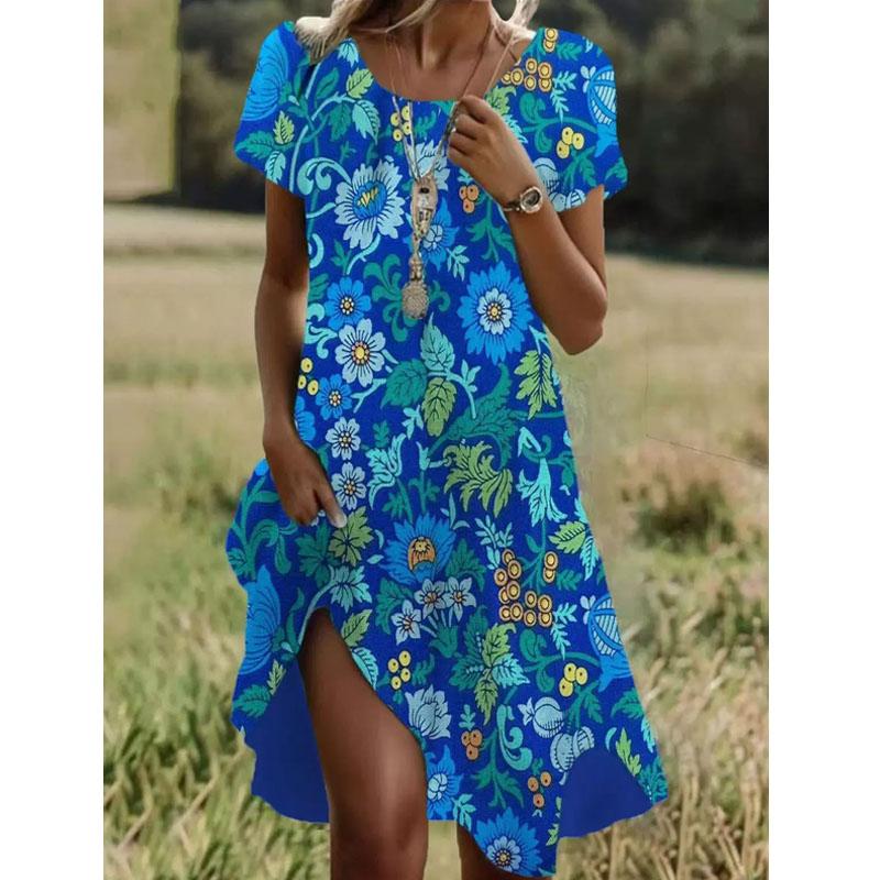 Women's Fashion Summer Spring Polka Dot Print Short Sleeve O-Neck Loose Waistline Casual Dresses