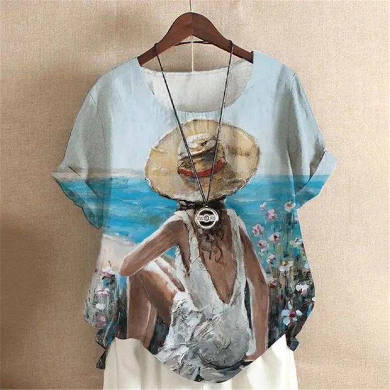 Oil Painting Y2k Girls Digital 3D Print Summer Fashion Women T-shirt Short Sleeve Everyday T-shirt Harajuku Vintage Pullover
