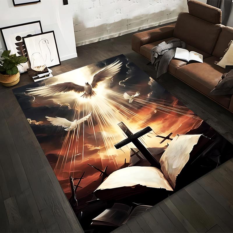 Celestial Doves and Cross Art Rug Non-slip Rug Suitable for Living Room and Bedroom Sofas.