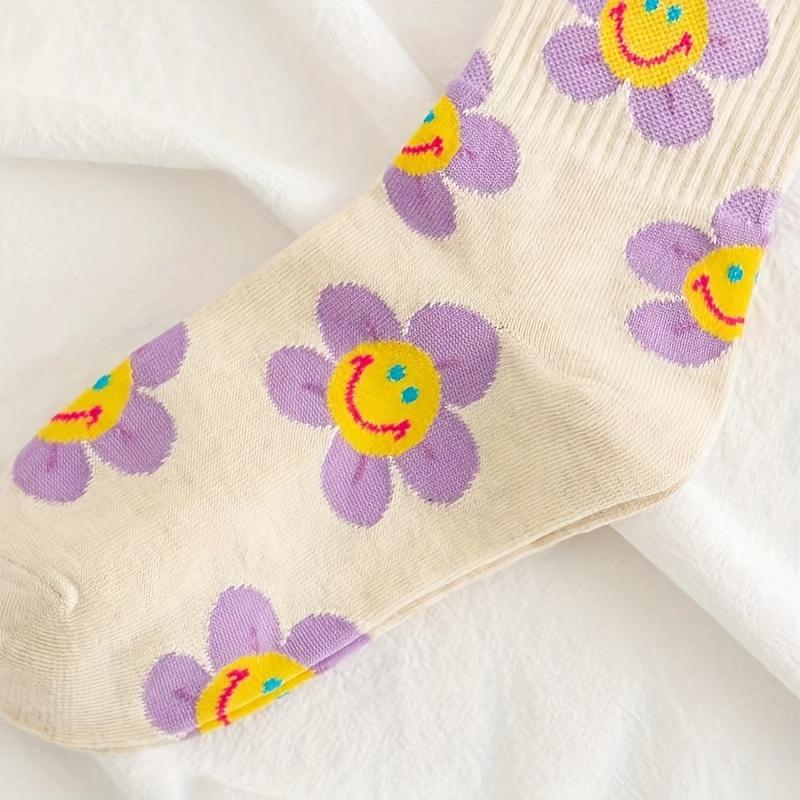 5 Paar Damen Süße Crew-Socken Set Übergröße Blumenmuster Gerippt Atmungsaktiv Mittelhohe Socken