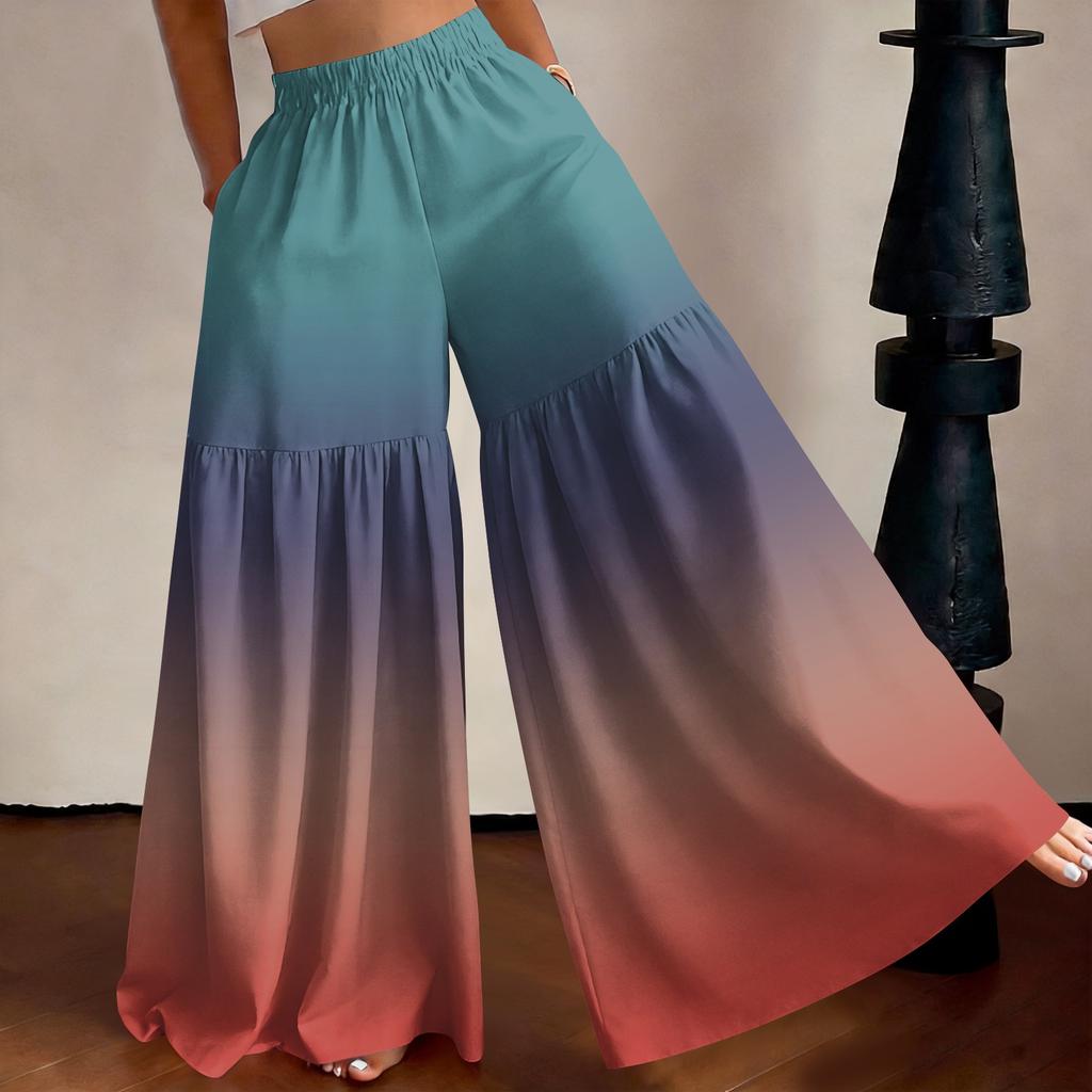 Damen High Waist Weite Hosen Lockerer Schnitt Leicht Fließend Farbverlauf Druck Lässige Hosen Elastischer Bund Bequeme Passform
