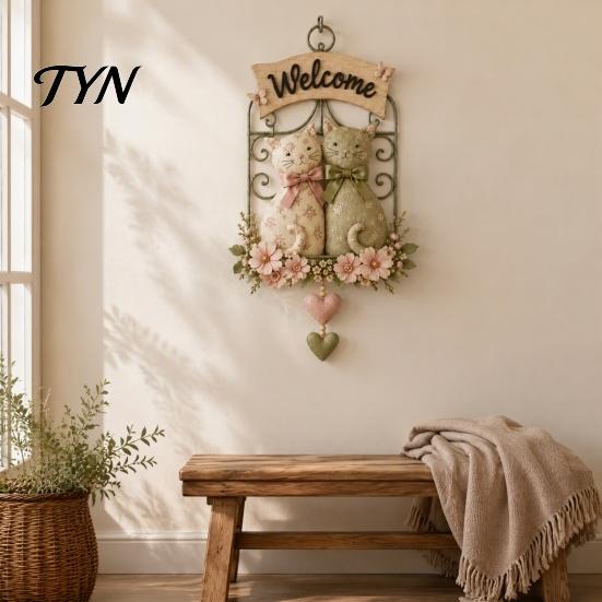 Wood And Metal Wall Decor Floral Cat Couple Welcome Sign, Wooden Hanging Ornament, Pastoral Garden Balcony Ornaments Art Plaque for Living Room
